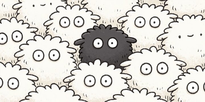 black sheep - comical animation of black sheep surrounded by white sheep sticking out from the crowd