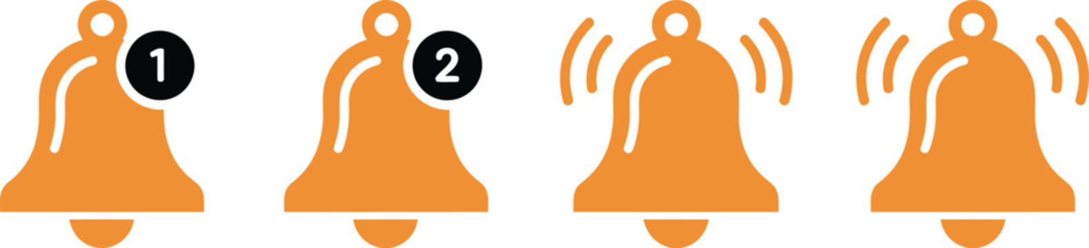 Notification bell icons, digital interface symbols for alerts reminders messages updates and user notification systems across web and mobile platforms.