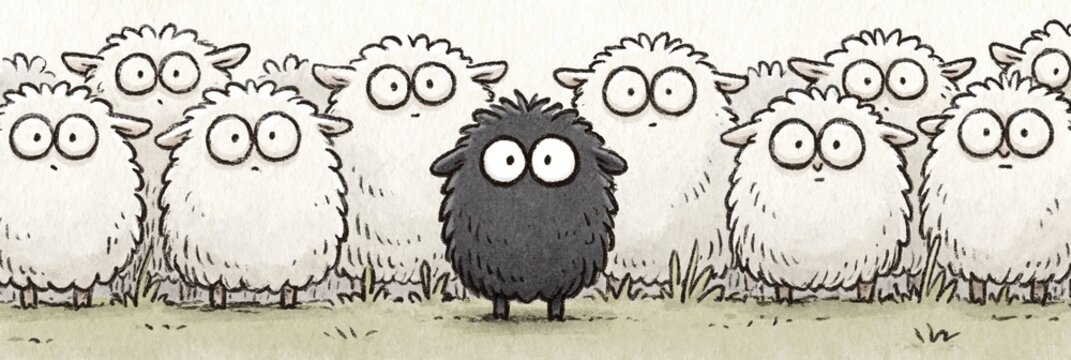 black sheep - comical animation of black sheep surrounded by white sheep sticking out from the crowd