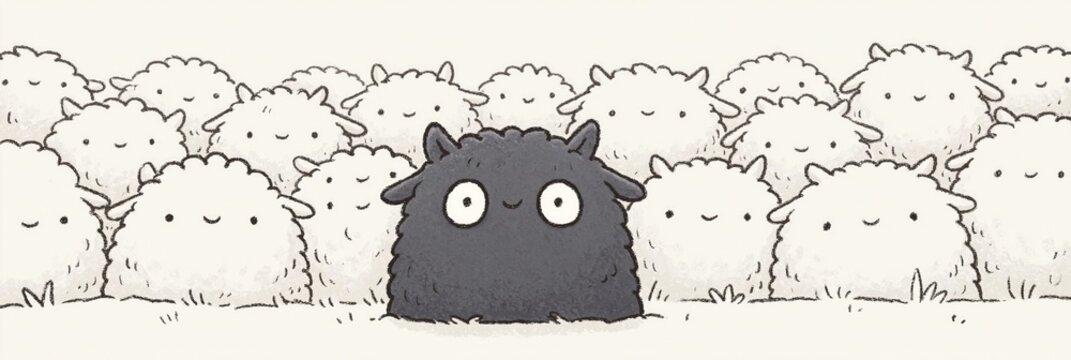 black sheep - comical animation of black sheep surrounded by white sheep sticking out from the crowd