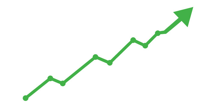 Green line graph with an upward trend and arrow pointing upwards on transparent background