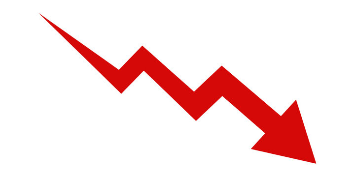 A simple, red, curved arrow pointing to the right and down on a white background. Direction symbol. Arrow symbol for app, UI, web. Vector illustration
