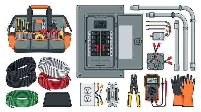 Electrical wiring collection with electrician tools circuit breaker wires and outlets vector set