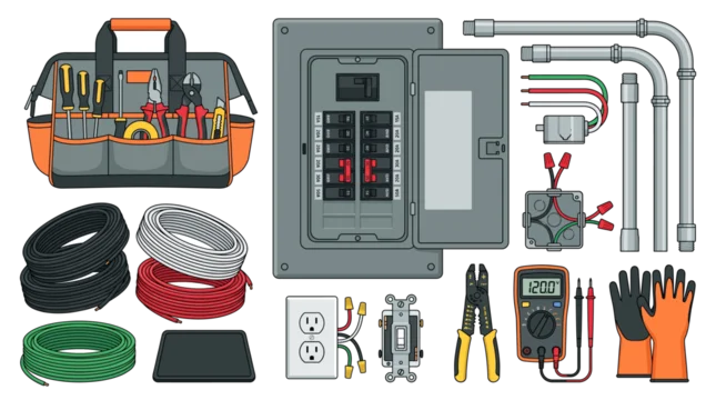 Electrical wiring collection with electrician tools circuit breaker wires and outlets vector set