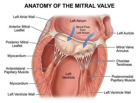 Anatomy diagram of the human mitral valve structure isolated on white background