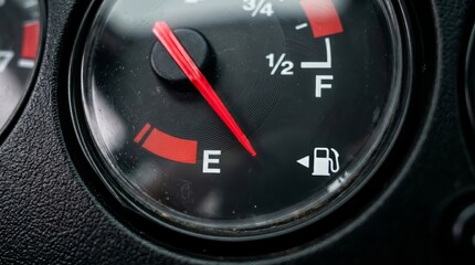 Naklejka premium Closeup of a cars fuel gauge with the red needle pointing to empty, indicating very low fuel