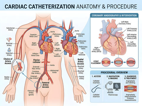 Cardiac catheterization anatomy and procedure diagram isolated on white background