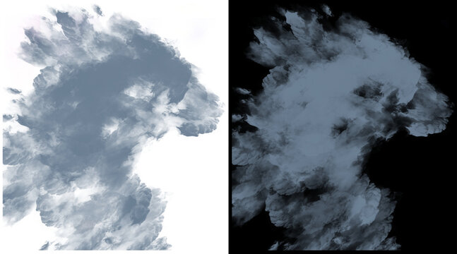 Atmospheric smoke cloud texture on white and black background, wispy gray vapor puff, realistic steam and fog effect for compositing