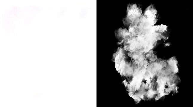Atmospheric white smoke plume on black background, ethereal steam cloud texture, cinematic fog effect for composite design and visual overlays