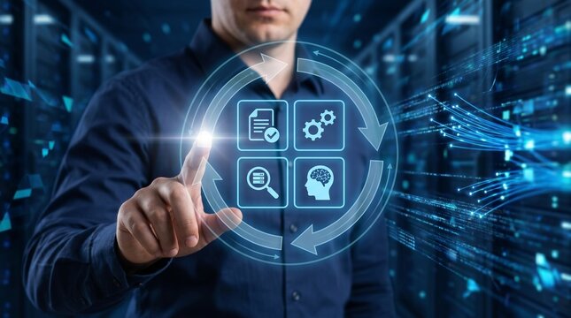 Digital feedback loop process showing continuous improvement, monitoring, analysis, optimization, and decision-making for effective problem solving and system enhancement.