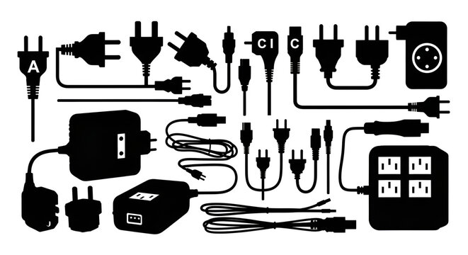 Collection of Electrical Plug, Adapter, and Cable Silhouettes on White Background