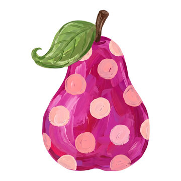 Whimsical Pink Polka Dot Pear with Rich Impasto Paint Texture Isolated on Transparent Background