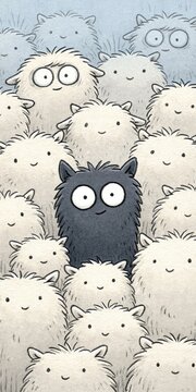 black sheep - comical animation of black sheep surrounded by white sheep sticking out from the crowd