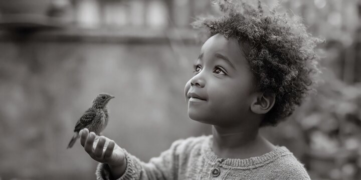 Photo of African American kid playing with cat