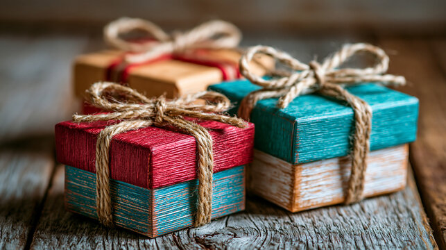Close-up of Colorful Handmade Gift Boxes with String Bows on Wooden Surface