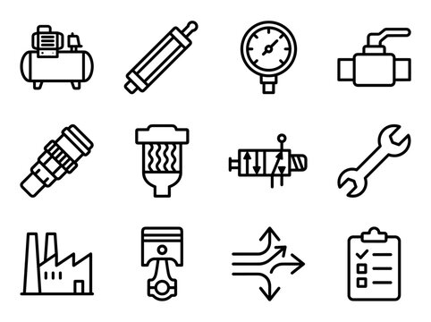 Minimalist Pneumatics Icons Set. Outline Symbols for Air Power Systems, Industrial Automation, and Mechanical Engineering.