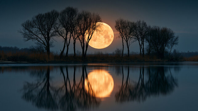 Full moon rising over calm lake with silhouetted trees and reflections at twilight