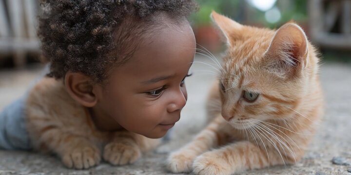 Photo of African American kid playing with cat