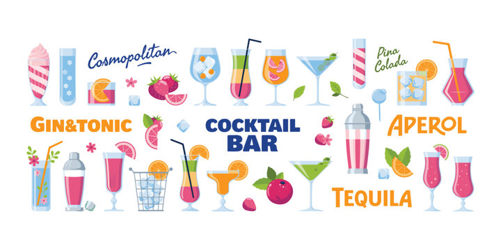 Cocktail cartoon stickers with drinks in jars and glasses, fruits, ice cubes, retro cans and trendy doodle style.