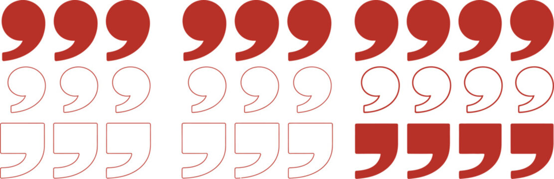 Quote, mark icon set, quotation symbols and ditto marks for dialogue discussion messaging content highlights and digital interface design.