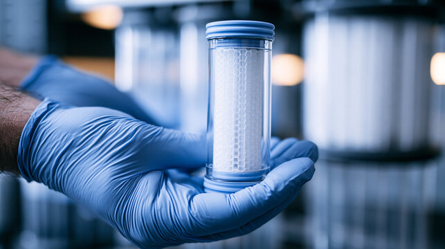 Close-up of gloved hand holding water filter cartridge in purification facility