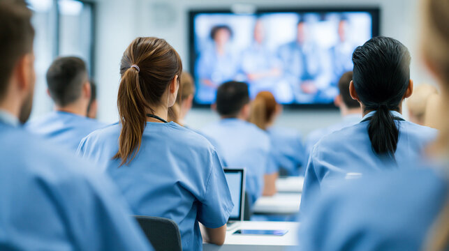 Medical professionals attending virtual training session in modern classroom