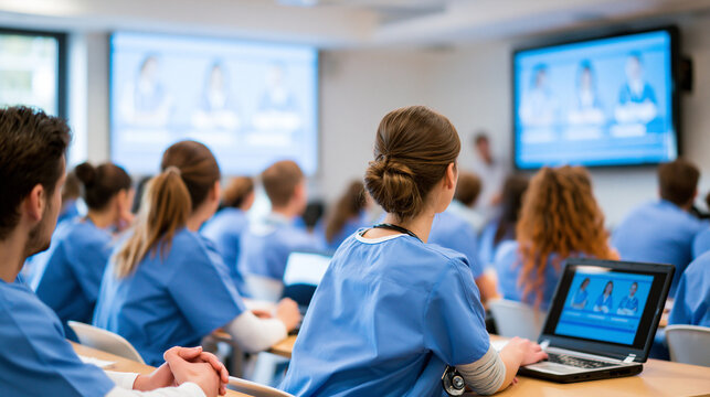 Hospital nurses attending professional medical training session with digital technology