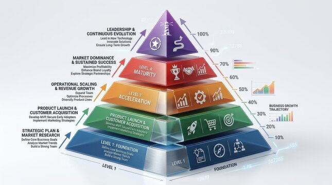 Layered pyramid chart graphic for business data visualization and growth concept, professional graphic design with high detail