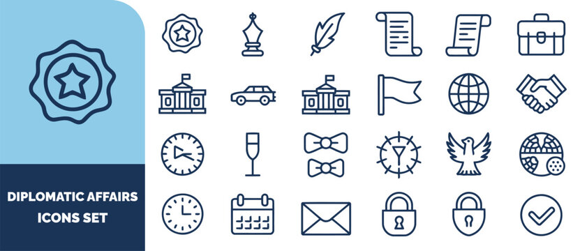 Diplomatic affairs set, featuring outline symbols of government buildings, global diplomacy, legal documents, and international protocol