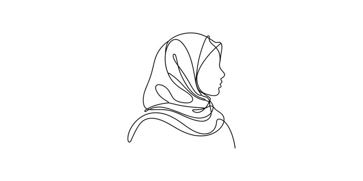 A minimalist line drawing of a woman wearing a hijab in a continuous line art style on a white background