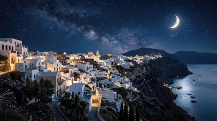 Naklejka premium White village under a crescent moon in a night scene featuring town architecture and dreamy stars. This minimal skyline fantasy