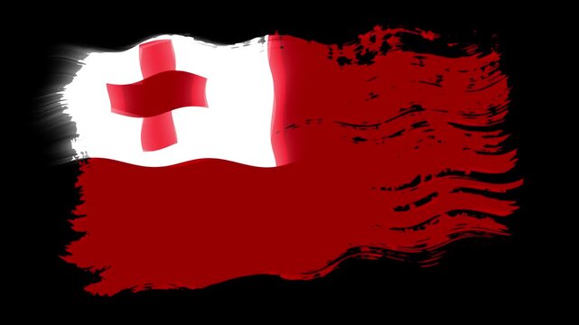 Waving torn Tonga flag grunge brush burn light leaks, transparent background alpha channel loop full HD