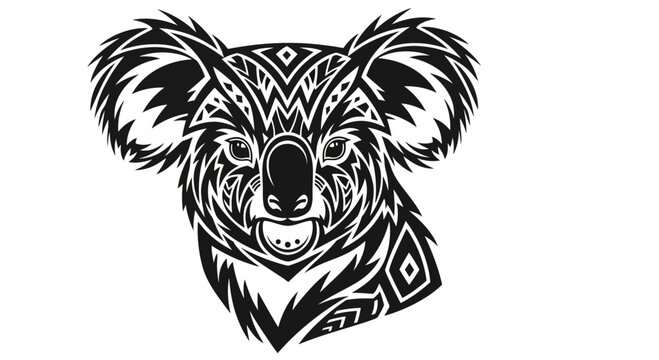 Stylized Koala Head Tribal Art Design Black and White Illustration.