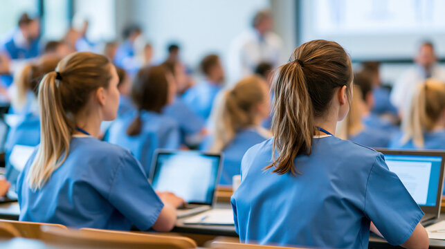 Healthcare students in blue scrubs attending medical training with laptops