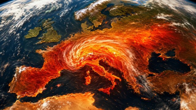 Summer heat anomaly cyclone over Europe from space with red temperature patterns, swirling atmosphere and climate crisis weather concept