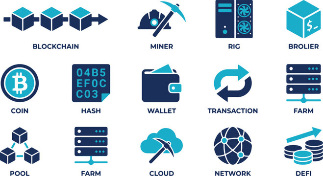 Flat vector icon set of cryptocurrency mining and blockchain technology including wallet transaction miner server pool network and cloud symbols