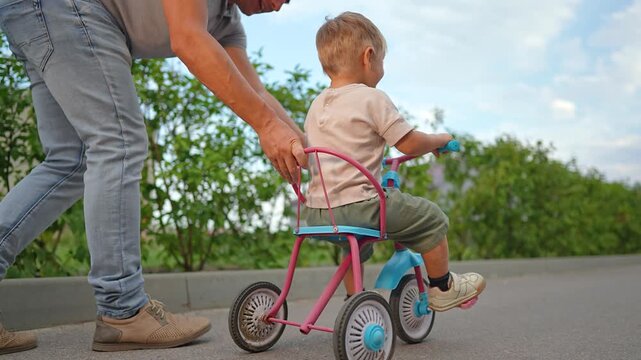 Father is pushing son on tricycle along paved path outdoors. Dad helps little boy riding bike near green bush. Parent teaches child to ride vehicle. Happy family enjoys active sunny summer walk.