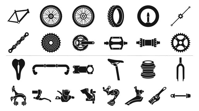 Bicycle Parts and Components Icon Set, Vector Silhouette Icons for Bike Repair, Maintenance, Cycling Equipment, and Spare Parts Concepts