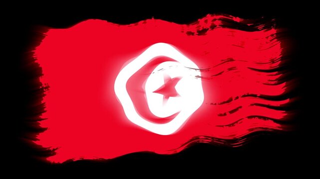 Waving torn Tunisia flag grunge brush burn light leaks, transparent background alpha channel loop full HD