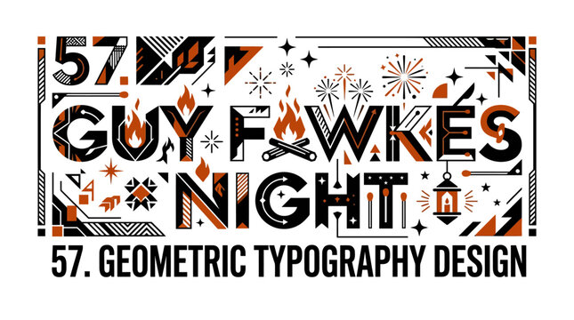 Guy Fawkes Night Geometric Typography Design with Fireworks