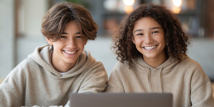 photo of two young gen z people using laptop