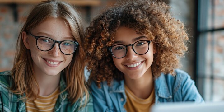 photo of two young gen z people using laptop