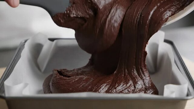 Close-Up View of Thick Fudgy Brownie Batter Being Poured Into a Lined Baking Pan for Delicious Dessert Creation