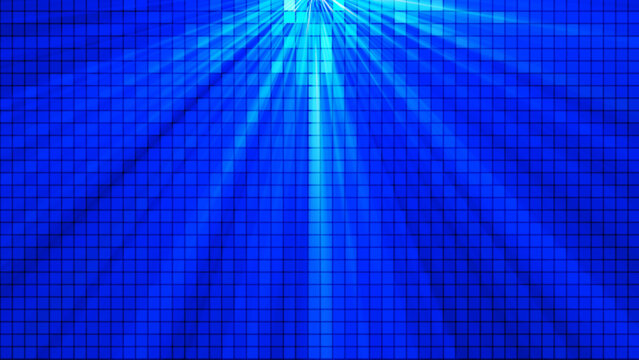 An abstract blue background with bright rays of light radiating from a central point over a regular square grid. This illustration is suitable for technology projects, presentations, promotional mater