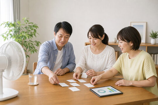 明るい室内で家族が節電カードを置く食卓