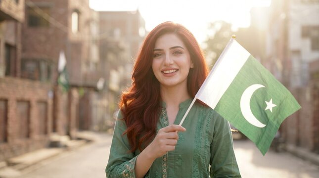 Smiling woman holding a pakistan flag in a city street celebrating independence day