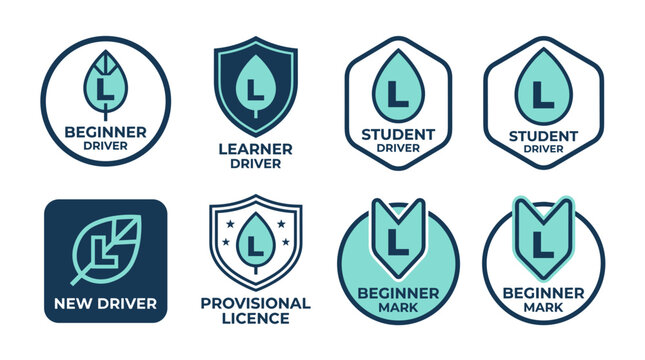 Collection of beginner driver signs and symbols including L plates and leaf icons