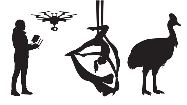 Silhouettes of a drone operator, an aerial silk performer, and a cassowary bird