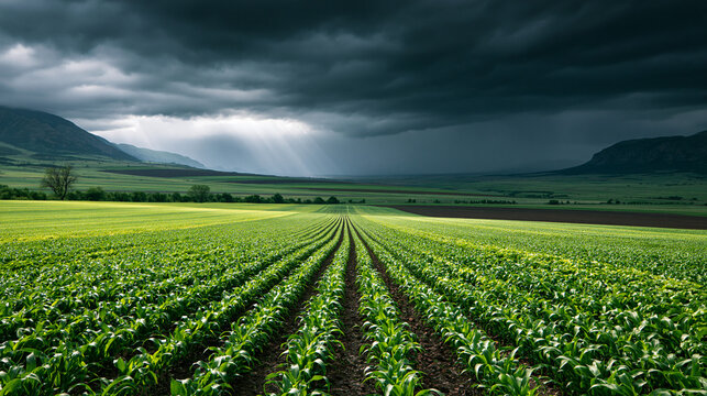 Stormy Sky Over Green Agricultural Field with Rows of Crops