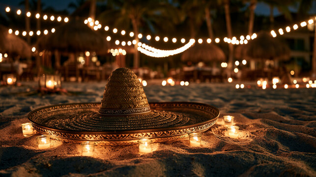 Rustic outdoor evening scene with sombrero and warm string lights